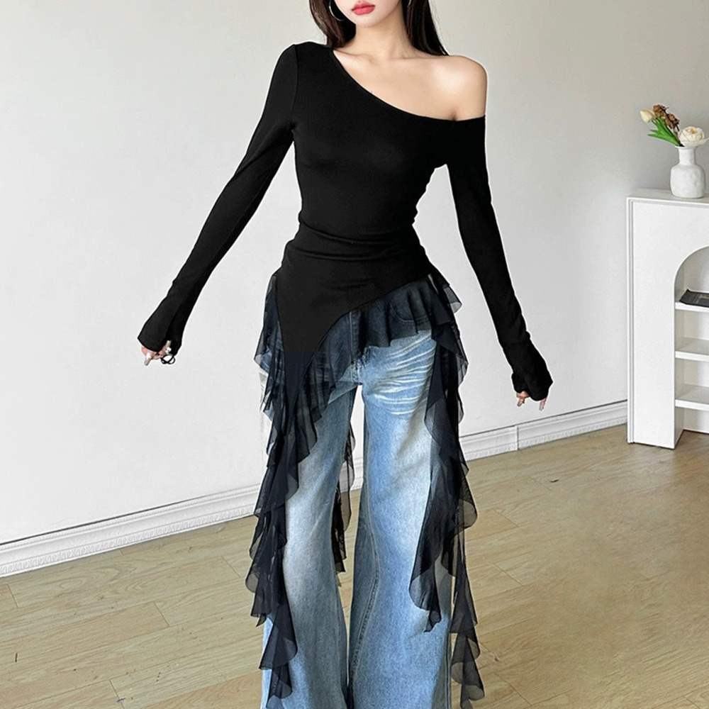 H&M Spring Solid Slim Irregular Wave Hem Long Sleeve Off Shoulder Top